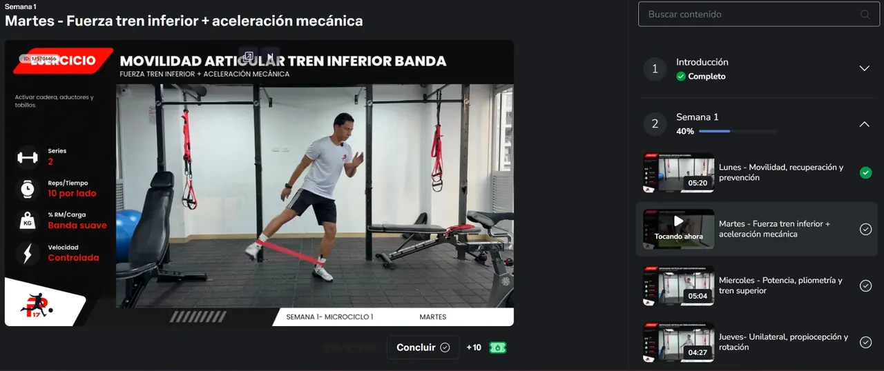 Vista real del curso de gimnasio para futbolistas dentro de Hotmart